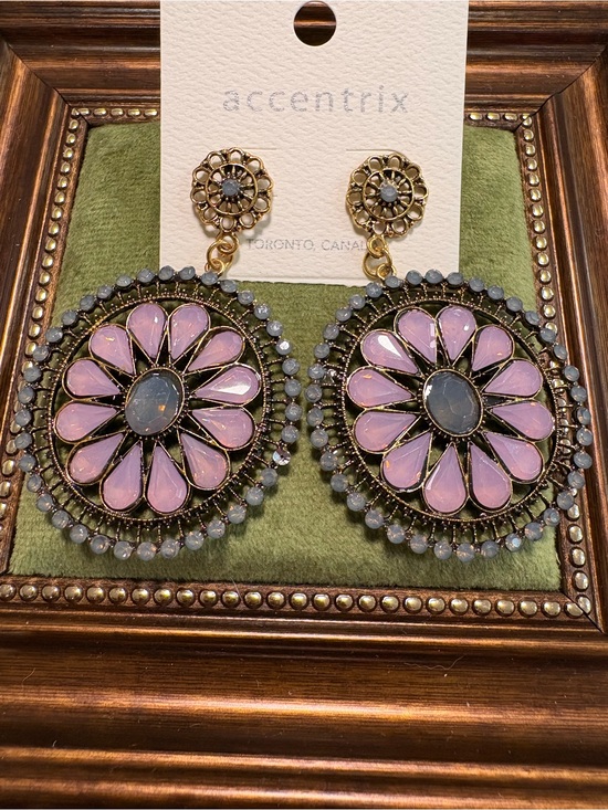 Accentrix Jewelry - Accentrix Pink Floral Statement Drop Earrings with Gold-Tone Accents